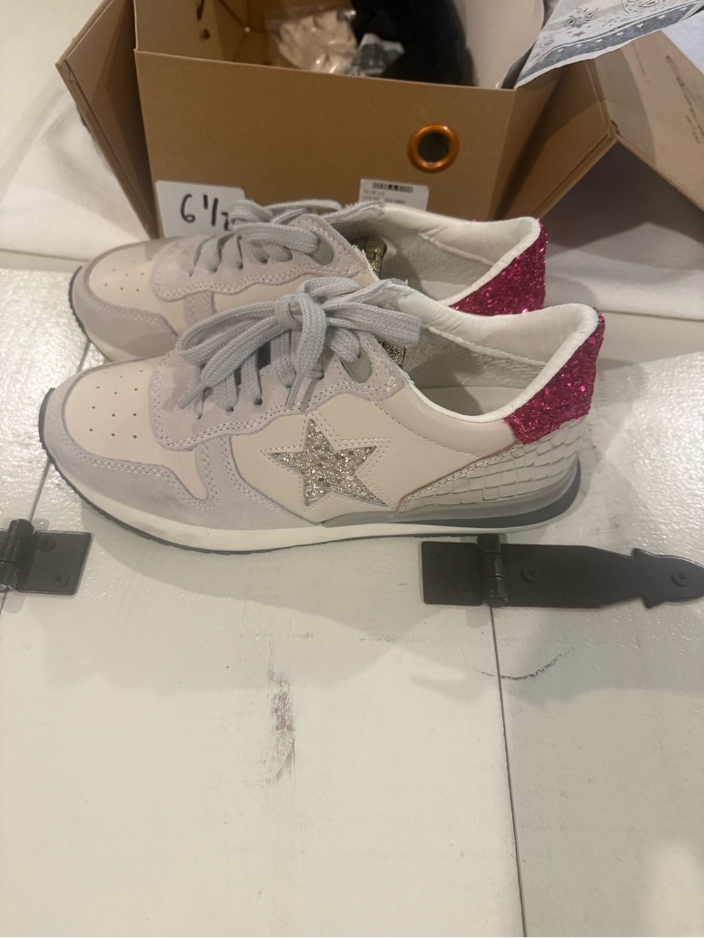 Vintage Havana Light Gray Sneakers with Pink Glitter Heel and Silver Star
